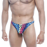 MetroMaleWear pouch thong neon 2302-05 vibrant multicolored leopard-print with bold pink blue and yellow gradient design