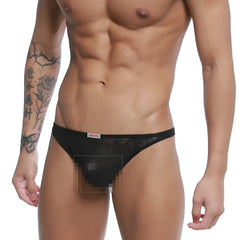 Black lace-trimmed mens briefs with subtle pattern and small brand tag at waistband from metromalewear pouch thong rose 2302-31