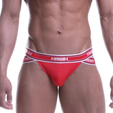 Red mesh hip briefs with a white and red striped waistband featuring the ninov logo from metromalewear