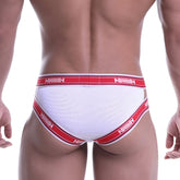 Metro male wear power mesh hip brief white in white mesh with red and white striped avinny elastic bands