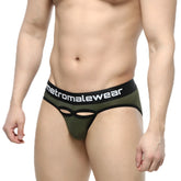 Olive green mesh MetroMaleWear Prado brief with black elastic waistband and distinctive cutout design