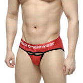 Red metromalewear prado brief thong with black trim and cutout design for stylish underwear wear