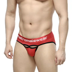 Red metromalewear prado brief thong with black trim and cutout design for stylish underwear wear