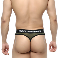 Olive green mesh thong with black trim and waistband featuring white metronewear logo in MetroMaleWear Prado Thong Green 5122-26