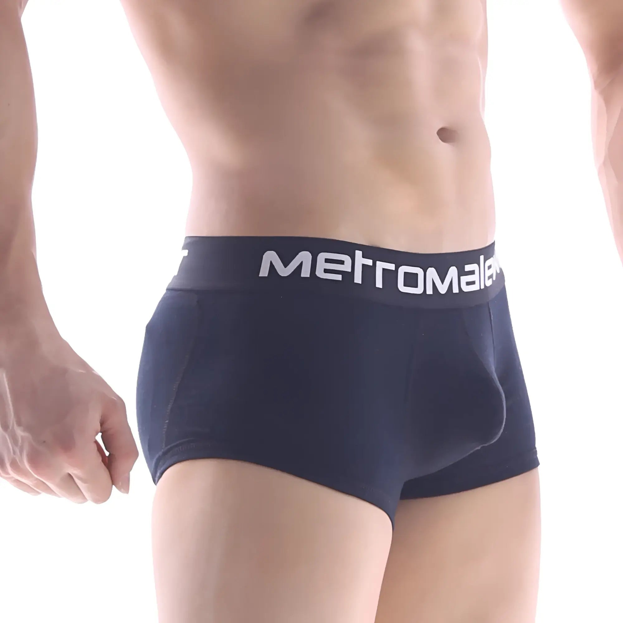 Navy blue metromale briefs with white logo band featuring premium padding for comfort and support