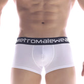 White men’s briefs with black elastic waistband featuring metromalewear logo in white from premium padded boxer 3032-00