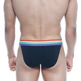 Black briefs with rainbow-striped elastic waistband metroMalewear pride bikini black 3004-R20 front view