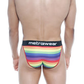 MetroMaleWear pride bikini rainbow 3004-16 striped men’s briefs with black waistband and white metrowear logo