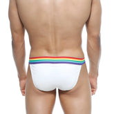 White briefs with rainbow-colored elastic waistband from metromalewear pride bikini white 3004-r00 collection