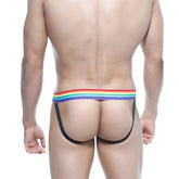 MetroMaleWear pride jock strap black 3001-r20 with rainbow-striped elastic waistband and black suspenders shown from back