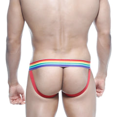 MetroMalewear pride jock strap red 3001-r12 rainbow-striped red thong with snug supportive design front view