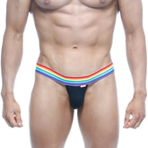 Black thong with a rainbow-striped waistband from MetroMaleWear Pride collection showcasing bold pride colors