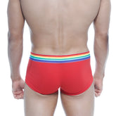 Red men’s briefs metroMalewear pride trunk 2026-R12 with rainbow-striped elastic waistband for comfortable fit