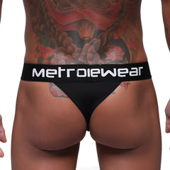 Black MetroMaleWear Prieto thong with white logo band made of metrowear fabric shown from the back side
