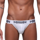 Metro malewear prieto thong white men’s briefs with a gray m logo waistband shown from the back side