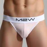 White m2w brand thong with ribbed texture and solid white waistband shown from the back in metro malewear primo pink jockstrap 2901-02