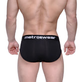 Black metrowear profile hip briefs with a white logo waistband designed for comfortable everyday wear