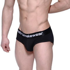 Black metromalewear profile hip briefs with white logo band designed for comfortable daily wear