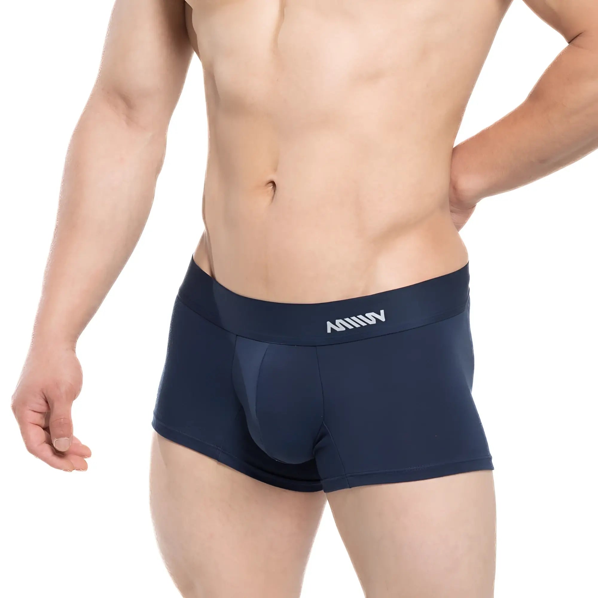 Navy blue MetroMaleWear Profundo short boxer briefs with supportive pouch and white logo waistband for comfort