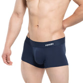 Navy blue MetroMaleWear Profundo short boxer briefs with supportive pouch and white logo waistband for comfort