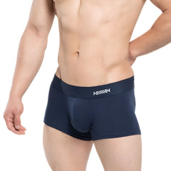 Navy blue MetroMaleWear Profundo short boxer briefs with supportive pouch and white logo waistband for comfort