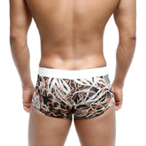 MetroMaleWear Profundo swim boxer briefs with black beige and white abstract leaf pattern and solid white waistband