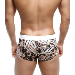 MetroMaleWear Profundo swim boxer briefs with black beige and white abstract leaf pattern and solid white waistband