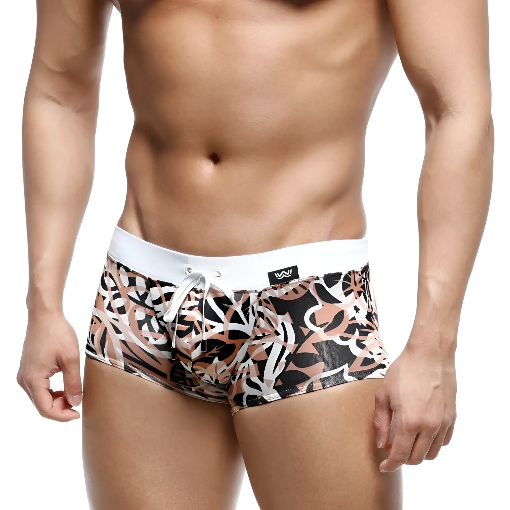 MetroMaleWear profundo swim boxer briefs hoja 4986-54 black white beige abstract leaf pattern with white waistband and drawstring