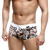 MetroMaleWear profundo swim boxer briefs hoja 4986-54 black white beige abstract leaf pattern with white waistband and drawstring