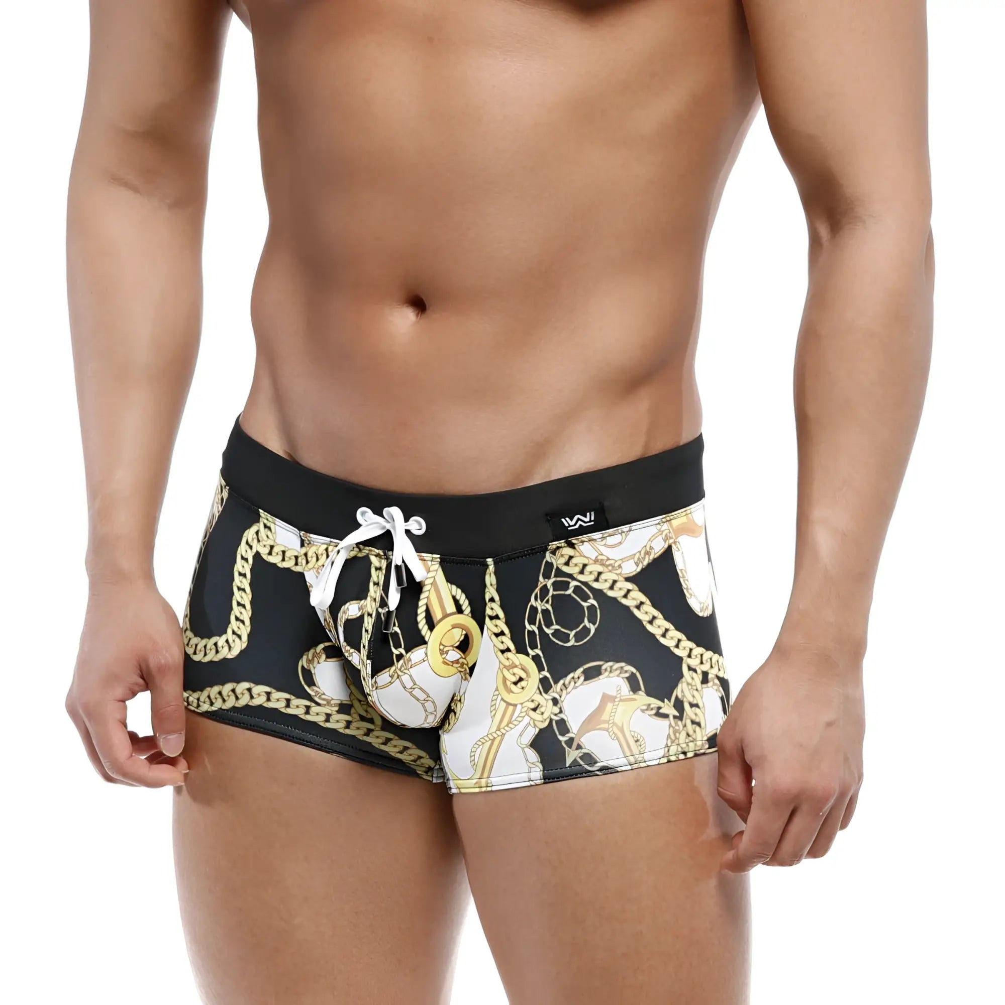 Black swim boxer briefs metroMalewear profundo lujos 4986-99 with bold gold and white chain pattern and black waistband