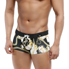 Black swim boxer briefs metroMalewear profundo lujos 4986-99 with bold gold and white chain pattern and black waistband