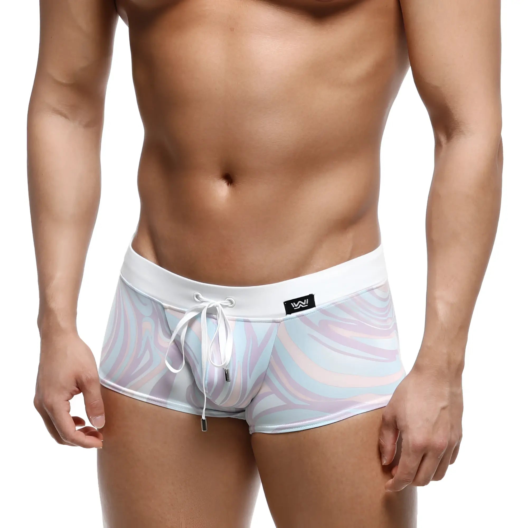 Metro male wear profundo swim boxer briefs swirl 4986-61 in white with pastel lavender blue and pink swirl pattern