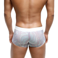 MetroMaleWear Profundo swim boxer briefs with white waistband and pastel lavender and blue abstract swirl pattern