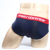 Navy blue metroMalewear prostretch hip briefs with red waistband and white logo for comfortable everyday wear