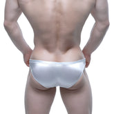 Shiny silver metallic briefs metro malewear puente bikini avalanche 3603-74 front view showcasing sleek design