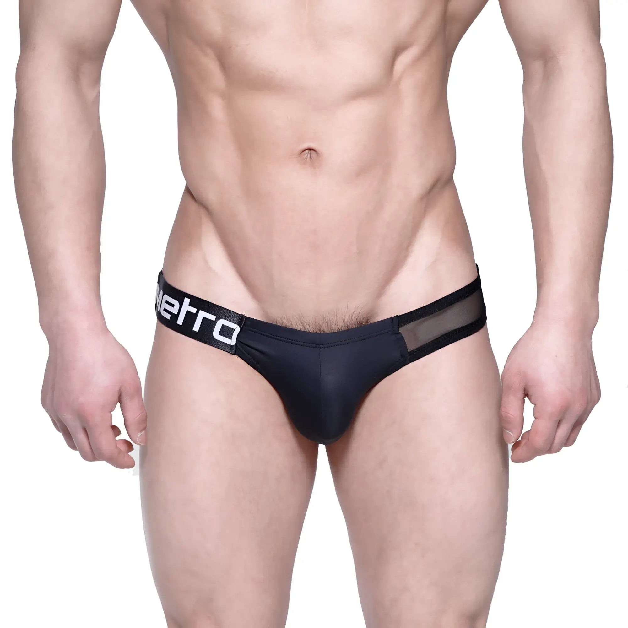 Black men’s briefs metro male wear puente bikini with black mesh panel and white metro branding on waistband