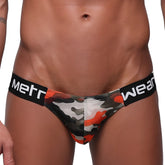 MetroMaleWear Puente bikini camo orange men’s briefs with camouflage pattern and black waistband with white branding