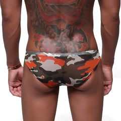 Metro malewear puente bikini camo orange men’s briefs featuring orange gray and black camouflage pattern
