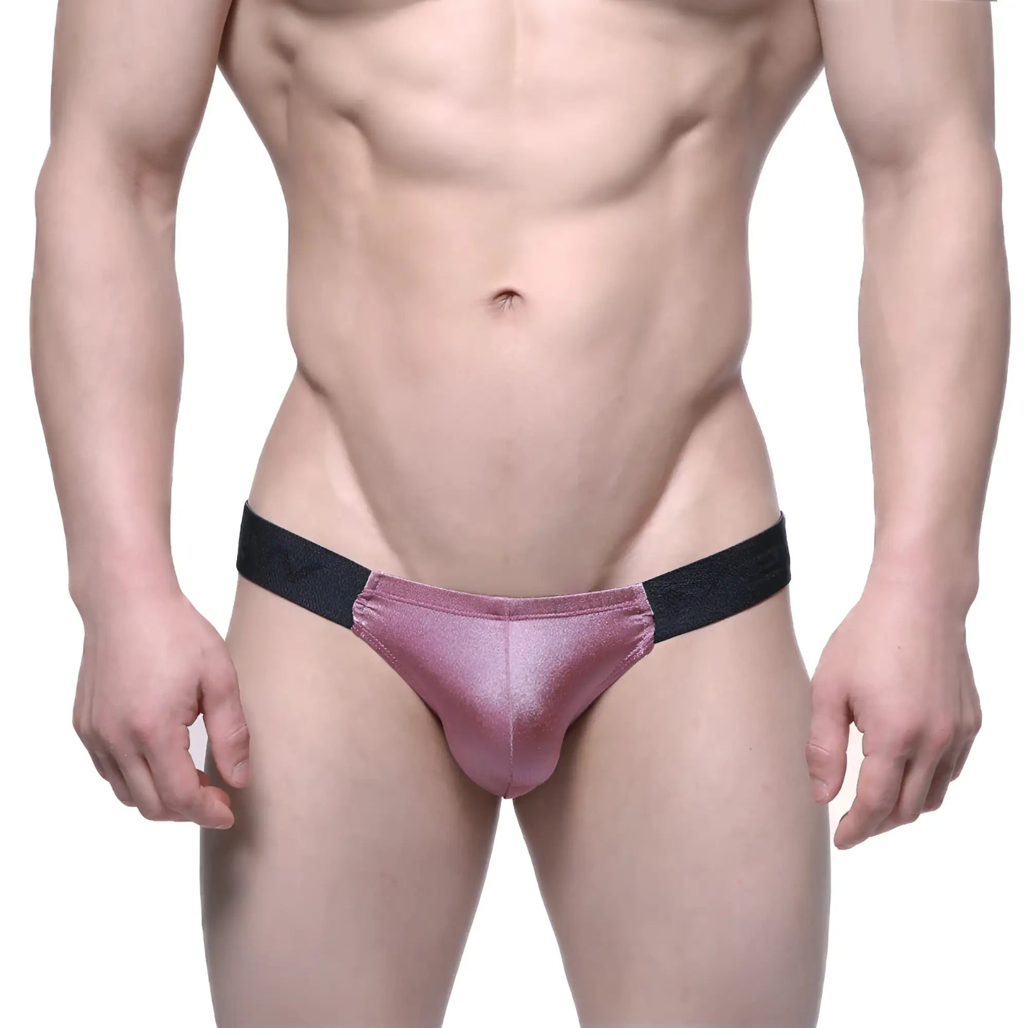 MetroMaleWear Puente bikini briefs in dusty pink metallic pu with a black elastic waistband front view
