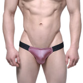 MetroMaleWear Puente bikini briefs in dusty pink metallic pu with a black elastic waistband front view