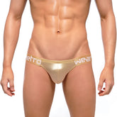 MetroMaleWear Puente Bikini Lujos 3603-22 gold metallic briefs with white metro wear branding on waistband