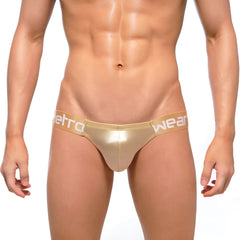 MetroMaleWear Puente Bikini Lujos 3603-22 gold metallic briefs with white metro wear branding on waistband