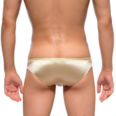 MetroMaleWear Puente bikini lujos 3603-22 a sleek metallic gold satin brief with smooth shiny finish and clean stitching