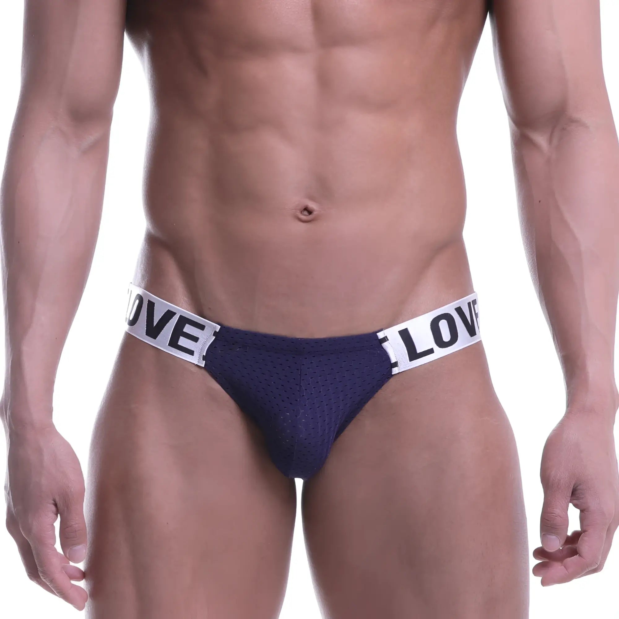 MetroMaleWear Puente bikini navy blue mesh briefs with white love elastic waistband for stylish comfort