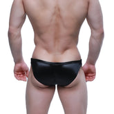 Black shiny metallic textured briefs from MetroMaleWear Puente bikini Osirius 3603-73 shown from the back side