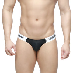 Black briefs with white elastic waistband featuring bold black MetroMaleWear logo in Puente Bikini Passion 3603-43 design