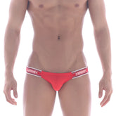 Red athletic briefs metro male wear puente bikini 3603-12 with white elastic waistband and bold black logo