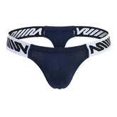Navy blue MetroMaleWear Puente thong with white elastic waistband featuring bold black w logos front view