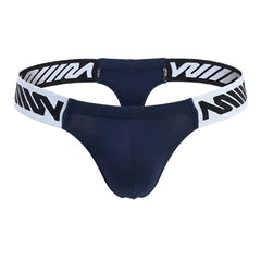 Navy blue MetroMaleWear Puente thong with white elastic waistband featuring bold black w logos front view