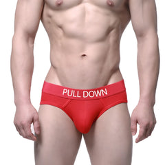 MetroMaleWear pull down hip brief in red featuring white lettering on the waistband for comfortable everyday wear